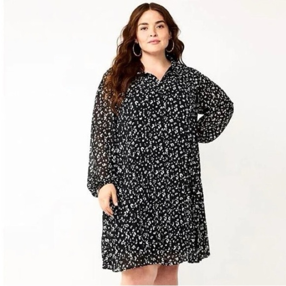 Nine West Black and White Printed Long Sleeve Shift Dress